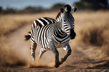 Obraz premium Zebra running jumping speed animal savanna full grassfield terrain grass raised front field foot wildlife equus jump winter airborne