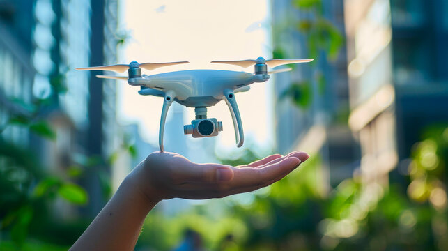 Open palm steadies a hovering drone against an urban backdrop, capturing technology's reach in everyday city life. Artificial intelligence in quadcopters. Banner. Copy space