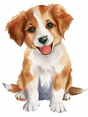 Adorable white spaniel puppy watercolor style cartoon on white background