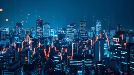 A panoramic view of a city skyline with stock exchange buildings illuminated at night, symbolizing the global reach and impact of financial markets on the economy.