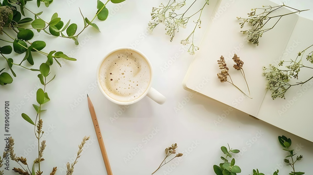 Aufkleber cup of coffee with milk sketchbook pencil green leaves and dried flowers overhead view isolated on w