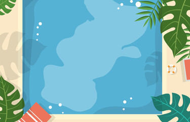 Top View of Swimming Pool Frame Background in Summer Holiday with Leaves and Copy Space