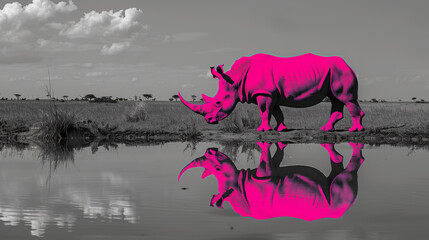 A neon pink rhino is walking through a field of grass. a black and white photo showing a bright neon pink majestic rhino standing by a waterpond on the savannah on a summer evening - obrazy, fototapety, plakaty