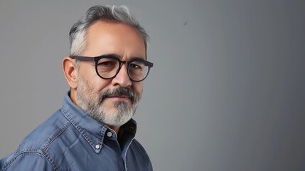 Portrait of a mature businessman wearing glasses on grey background Happy senior latin man looking at camera isolated over grey wall with copy space Close up face of happy successful b : Generative AI