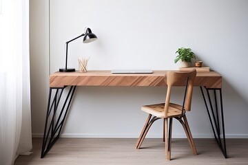 Solid Wood Desk and Metal Frame Chair: Minimalist Digital Detox Space Ideas - obrazy, fototapety, plakaty