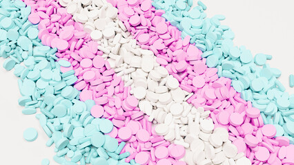 Baby pink blue white transgender medication testosterone estrogen health care dangerous drugs safeguarding 3d illustration render digital rendering - 789069798