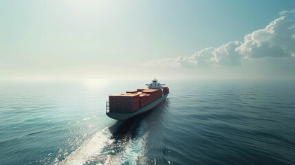 cargo ship navigating through open waters, carrying containers filled with goods for international trade