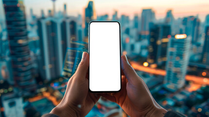 Hand holding smartphone with blank screen, cityscape during sunrise in the background. Mockup of a cell phone with transparent. Advertising and marketing. Banner. Copy space