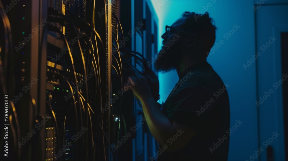 Poster A cloud expert in the data center configures the server for correct operation. Setting up a mining farm