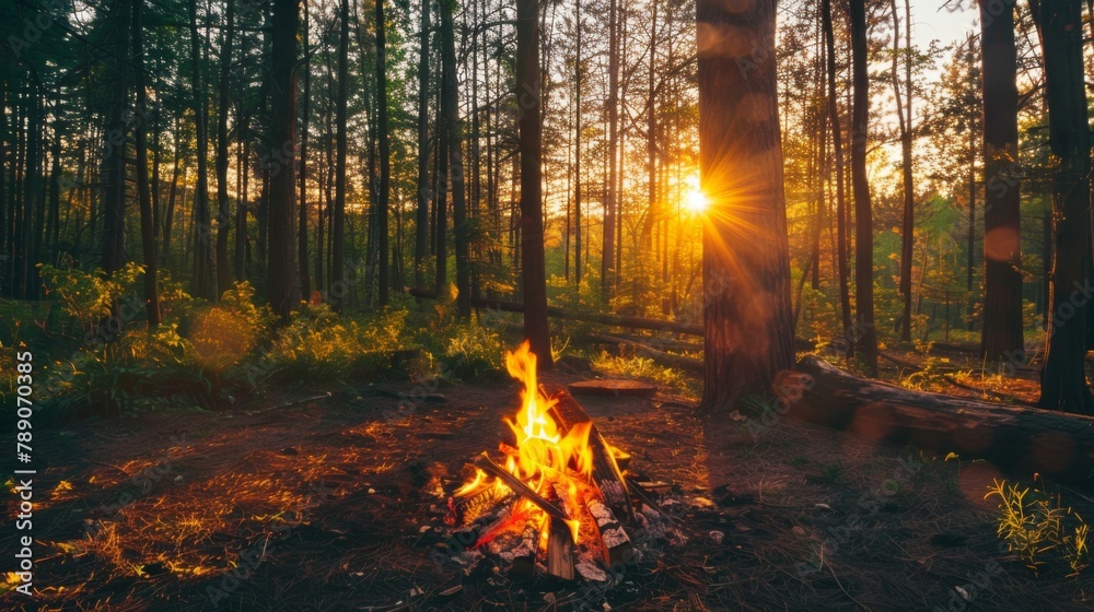 Poster a peaceful forest scene illuminated by the warm glow of sunset, with a controlled campfire burning s