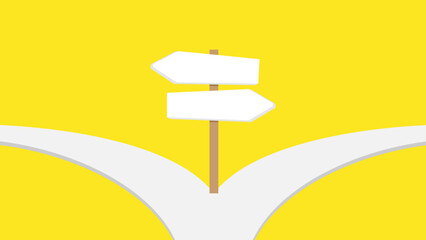 A wooden signpost with two blank directional signs standing at a road bifurcation, set against a yellow background © MAHIJO