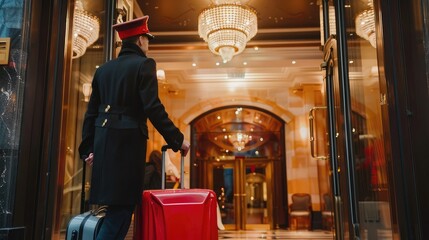 bellboy assisting guests with their luggage upon arrival at the hotel entrance