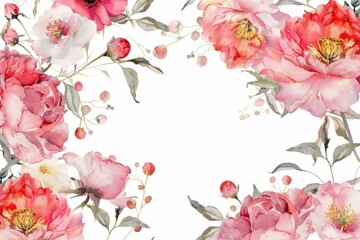 Fototapeta na wymiar Watercolor peony clipart with delicate petals and vibrant hues. flowers frame, botanical border, white background, watercolor illustration, botanical painting. 