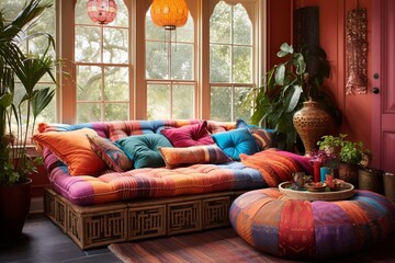 Gypsy Caravan Chic: Laid-Back Seating and Vibrant Eclectic Living Room Design - obrazy, fototapety, plakaty