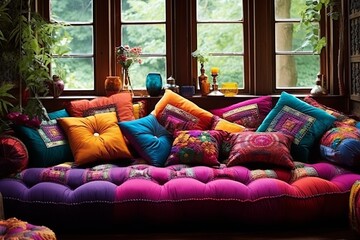 Gypsy Caravan Chic: Colorful Cushions and Bohemian Style Living Room - obrazy, fototapety, plakaty