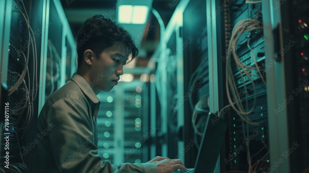 Poster An attentive IT specialist solves network connection problems and configures servers to ensure fast and reliable operation of the computer system. A man of Asian appearance