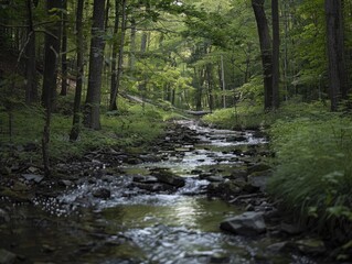 Fototapeta na wymiar Forest Stream: Babbling Waters Amidst Lush Foliage