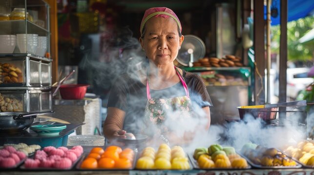 woman preparing authentic Thai desserts like Khanom Chan and Thong Yip, known for their intricate flavors and vibrant colors.