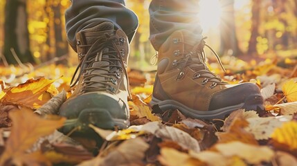 Closeup of feet in hiking boots in a clearing among fallen leaves in a sunny autumn park Lifestyle concept outdoor walk : Generative AI - Powered by Adobe