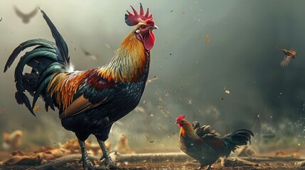 victorious rooster proudly displaying its dominance with a triumphant crow after a hard-fought battle - obrazy, fototapety, plakaty