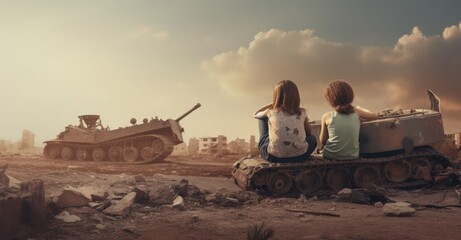 A poignant scene depicting children sitting solemnly in front of a city devastated by war, with flames and smoke rising from destroyed buildings and a military tank in the background