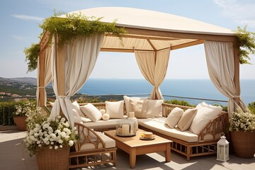 Fototapeta premium Cliffside Mediterranean Seaside Gazebo Decors: Cushioned Banquettes Paradise View