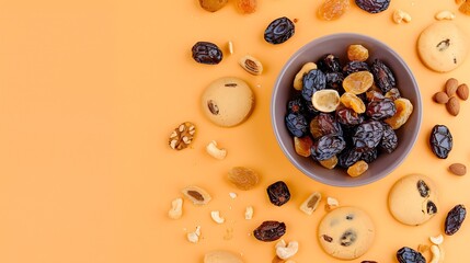Traditional Ramadan Kareem concept snack for Iftar or Suhoor meal on light orange background An arabian sweet treat dates prunes and cookies Flat lay top view : Generative AI