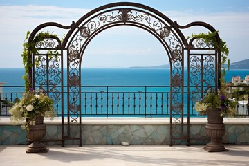 Mediterranean Seaside Gazebo: Marina Backdrop & Exquisite Ironwork Details
