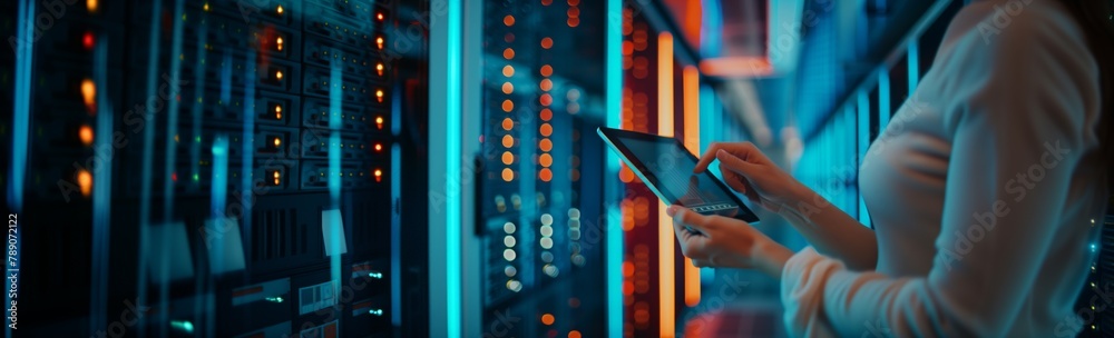Aufkleber A female engineer is actively involved in protecting and storing information in cloud storage, identifying and fixing potential vulnerabilities to ensure data security in a data center with a tablet