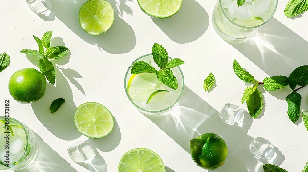 Aufkleber flat lay composition with lime mint and shaker on light background refreshing beverage ingredients :