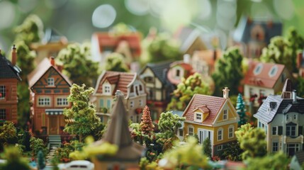 A quaint miniature village scene with tiny houses, trees, and figurines, capturing the idyllic charm of small-scale architectural models. - obrazy, fototapety, plakaty
