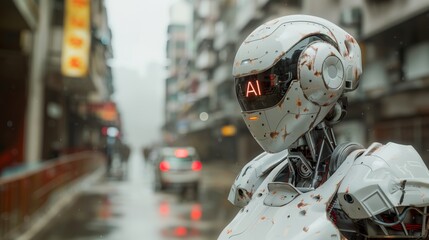 A lone robot stands in the rain on a busy city street. - obrazy, fototapety, plakaty