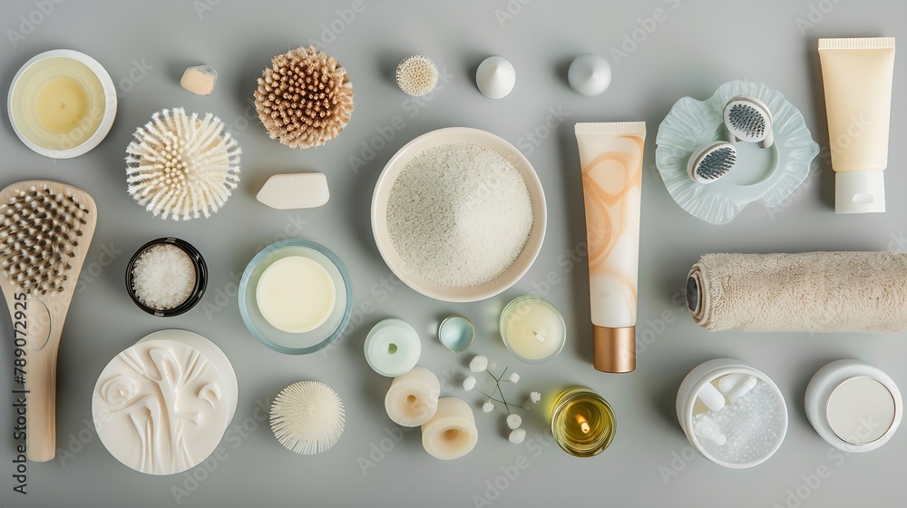 Poster various spa related objects on gray background top view body and skin care flat lay with copy space 
