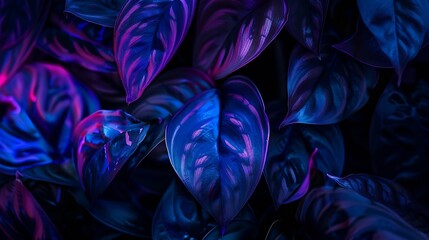 intense blue and violet tropical plant glowing neon exquisite leaves close up abstract nature background dark blue and purple toned Leaf details Future exotic trendy concept daring col : Generative AI