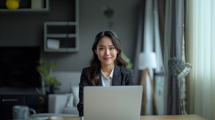 A young Asian woman is sitting at her desk and working on her laptop. She is wearing a suit and has a confident smile on her face.