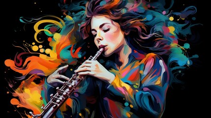 Abstract and colorful illustration of a woman playing clarinet on a black background - obrazy, fototapety, plakaty