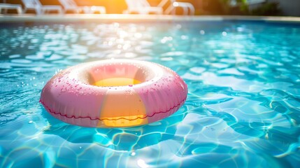 An inflatable pink and yellow swim ring floating in a blue swimming pool with the sun reflecting off the surface of the water. - obrazy, fototapety, plakaty