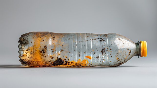 An image of a dirty plastic bottle with a yellow cap, lying on its side against a grey background.