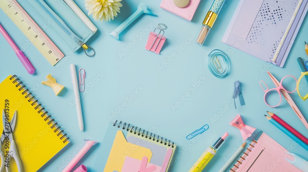 Aufkleber back to school background flat lay top view of colorful scattered stationery on isolated pastel blue