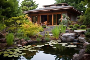 Fototapeta premium Tranquil Japanese Koi Pond Patio: Serene Design with Flowing Water & Ornamental Grasses