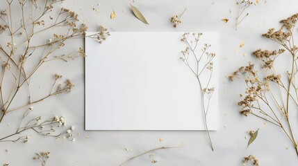 Blank wedding invitation card mockup with dried flowers on grey background Flat lay top view copy space : Generative AI - obrazy, fototapety, plakaty