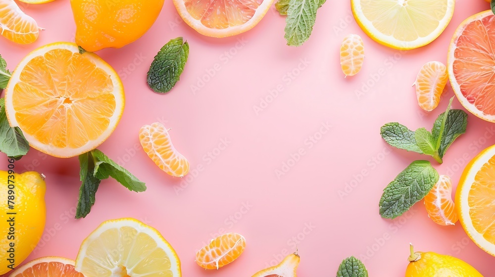 Aufkleber Citrus slices and mint herbs frame on retro pastel pink background with copyspace from above Top view of lemon and orange frame design banner : Generative AI