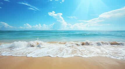 A serene beach scene with gentle waves lapping against the shore, the endless horizon merging seamlessly with the azure sky, a tranquil coastal vista.
