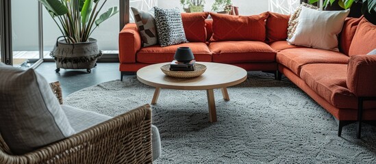 Obraz premium A genuine photograph depicting a cozy living room space featuring a circular table on a gray carpet, a woven armchair, and a red sectional sofa.
