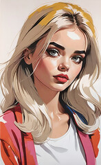 Beauty woman face. Painting fashion illustration. Drawn portrait of pretty girl