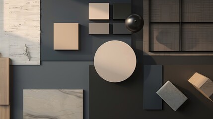 Creative flat lay composition with textile and paint samples panels and tiles Stylish interior designer moodboard Black blue beige and dark grey color palette Copy space Template : Generative AI