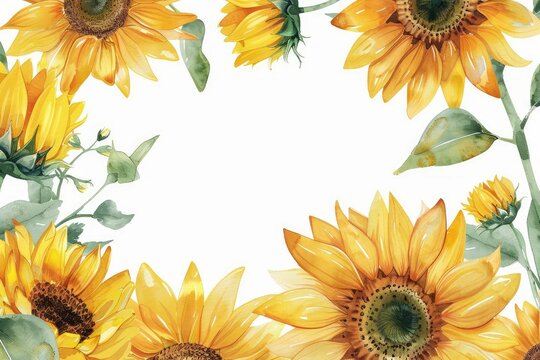 Watercolor sunflower clipart with bold yellow petals and a brown center. flowers frame, botanical border, sun flower summer floral background and wreath design. for rustic wedding design, thanksgiving