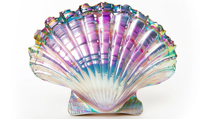 A scallop shell with iridescent hues, standing out 