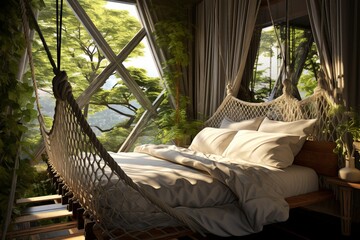 Rope Bridge Access: Tree Canopy Aerial Bedroom Concepts with Natural Light
