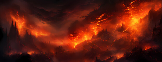 A dark fantasy background of flames and smoke
